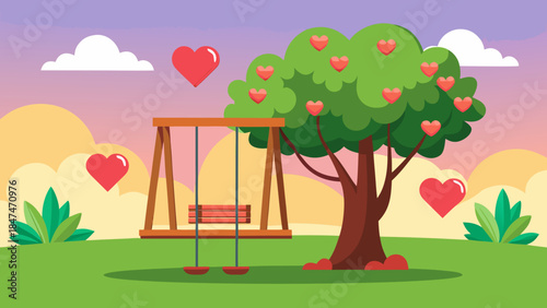 Swing set under heart-shaped tree