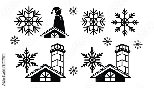 Snowflakes and rooftops with a Santa hat on a chimney.