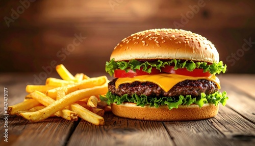 A juicy burger with fries on a wooden table. Delicious fast food