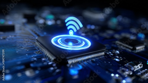 Futuristic technology concept with blue circuit board and wireless connectivity for digital designs