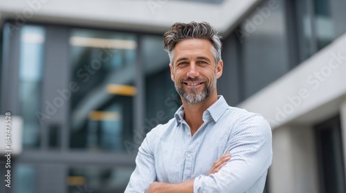 Confident Executive: A successful executive, exuding confidence, poses in front of a modern building, his arms crossed, reflecting leadership and professional prowess.