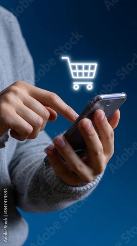 Hands using mobile phone for online shopping and digital interaction concepts