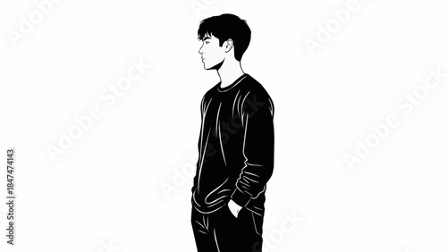 Minimalist illustration of a young man in profile view wearing a black sweatshirt and pants.