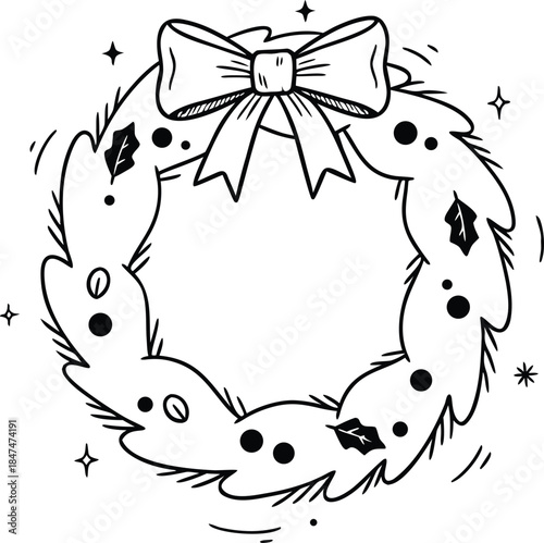 A festive wreath adorned with a bow and ornaments, surrounded by sparkling stars and leaves, in a minimalist black line illustration style.