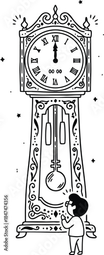 A young girl standing in front of an intricately designed grandfather clock