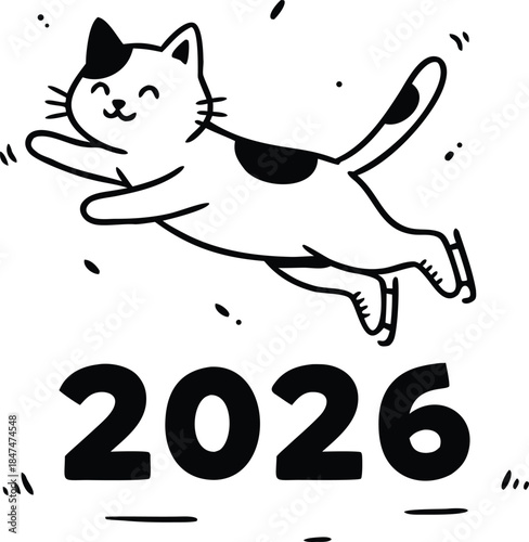 A black and white cat leaps joyfully into the year 2026