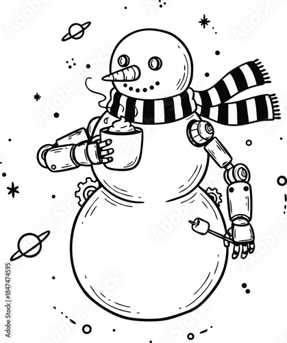 A robotic snowman enjoying a warm beverage in a celestial winter wonderland scene from a frontal viewpoint