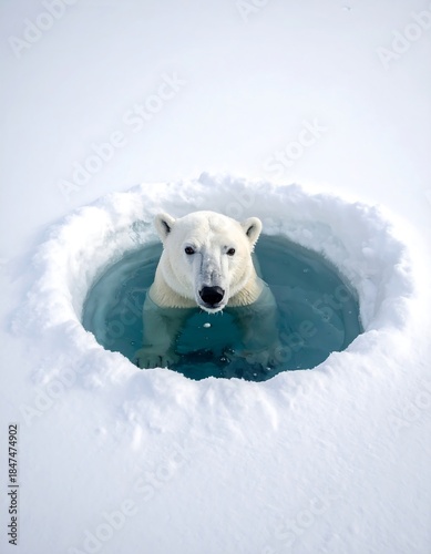 Polar Bear in Ice Hole Swimming in Cold Water
