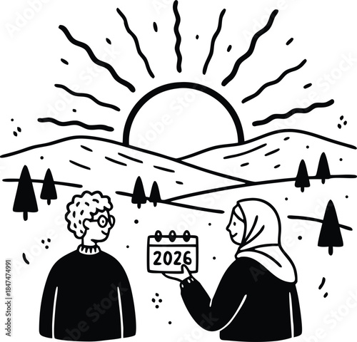 Couple standing together in a serene landscape holding a calendar for the new year 2026