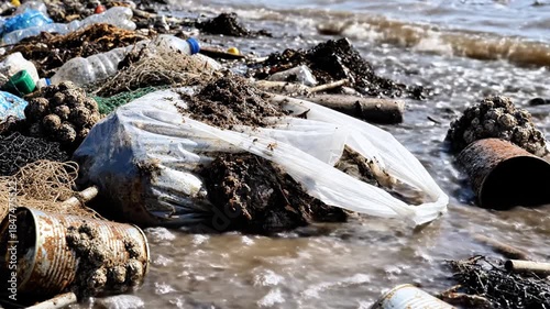Pollution on the shoreline with plastic bags and waste, muddy terrain, close-up view