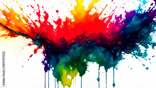 Vibrant Abstract Rainbow Paint Splash Background. Dynamic Horizontal Wave Watercolor Texture with Red, Teal & Purple Ink Drips. Colorful Splatter Art for Digital Wallpapers & Web Banners.