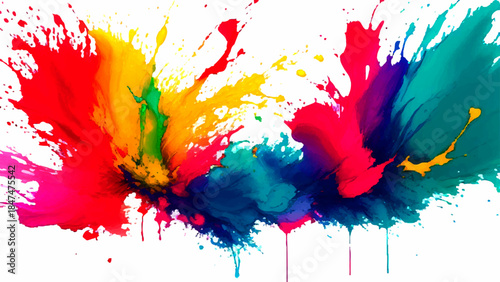 Vibrant Abstract Rainbow Paint Splash Background. Dynamic Horizontal Wave Watercolor Texture with Red, Teal & Purple Ink Drips. Colorful Splatter Art for Digital Wallpapers & Web Banners.
