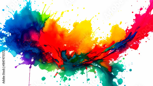 Vibrant Abstract Rainbow Paint Splash Background. Dynamic Horizontal Wave Watercolor Texture with Red, Teal & Purple Ink Drips. Colorful Splatter Art for Digital Wallpapers & Web Banners.