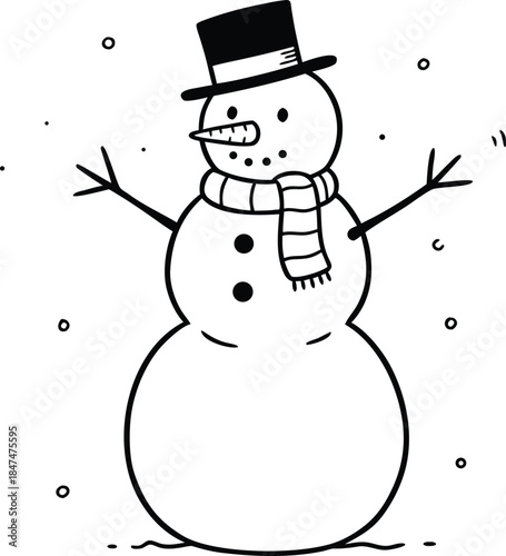 A cheerful snowman illustration with a hat and scarf standing in a snowy landscape viewed from the front.