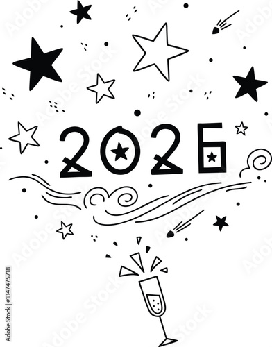 Celebrating New Year 2026 with stars and champagne in a joyful illustration