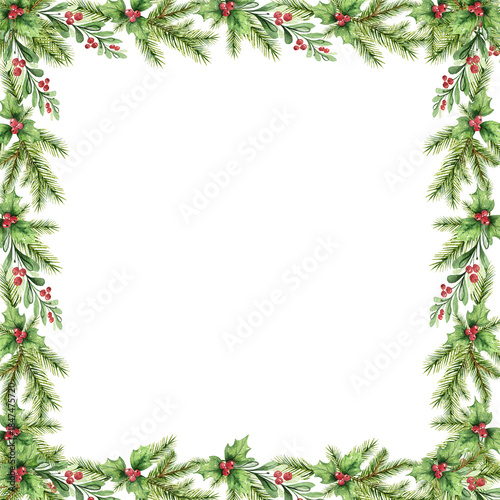 PNG image of Watercolor christmas frame border featuring lush green fir branches holly leaves and bright red winter berries on transparent background with copy space