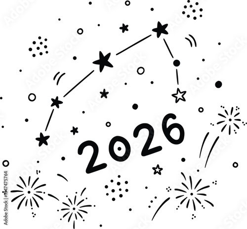 Celebrating New Year's Eve under the starry night sky with fireworks and constellation patterns in 2026