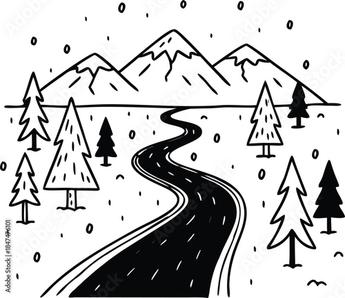A winding road through a snowy landscape with trees and mountains in the background