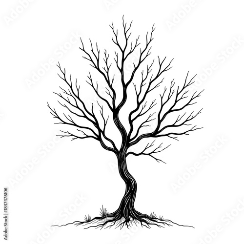 Line art of bare tree with roots on white background, nature and simplicity concept for decoration and design