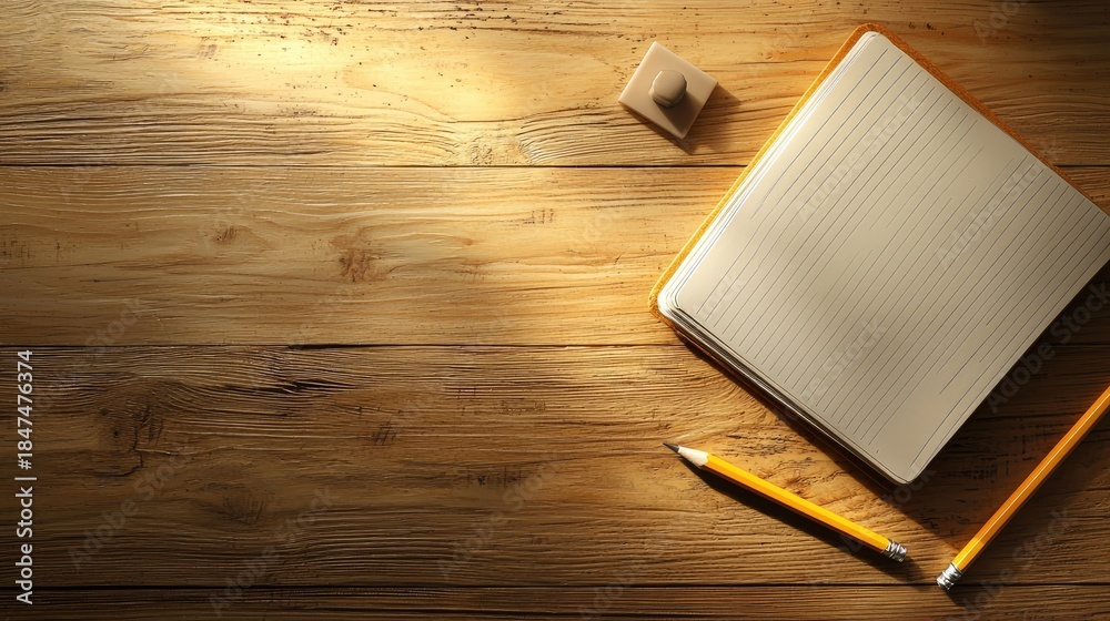 Fototapeta premium Empty Notebook and Pencils on Wooden Table in Natural Light