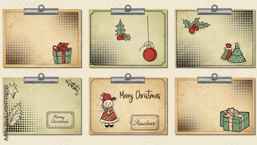 Christmas Cliparts with Gift, Tree, and Ornaments on Vintage Clipboard