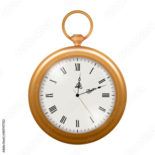 Classic gold vintage pocket watch hanging with Roman numerals dial, luxury antique timepiece, 3d realistic isolated vector illustration, transparent background