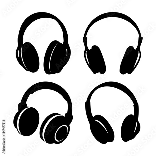 Four minimalist black silhouette headphone icons illustration