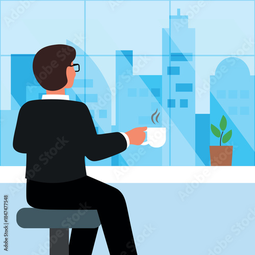 Enjoying coffee during office break with a city view from the window