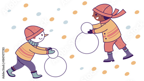 Two children playing outside in the snow making snowballs on a cold winter day