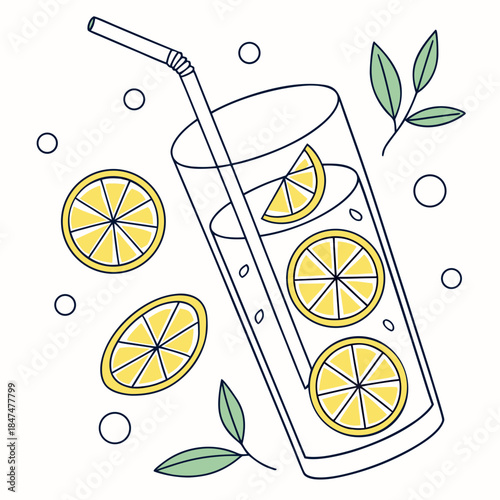 Glass of Lemonade with Straw and Slices lemon slices