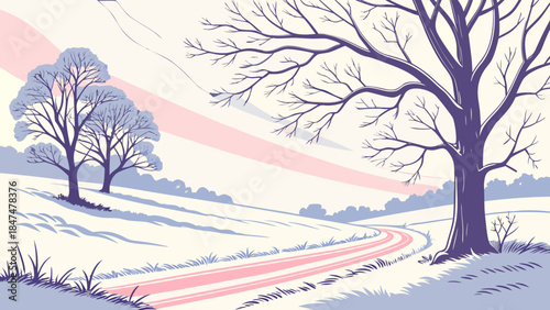 Serene winter landscape with snow covered trees and winding road at sunrise or sunset