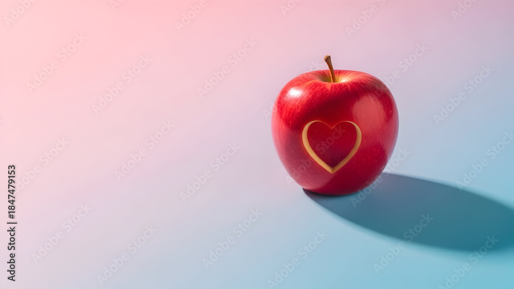Obraz premium Red apple with heart shaped carving on gradient background