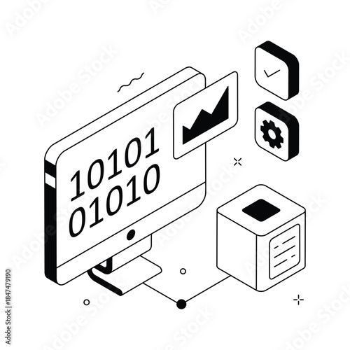 Scientific data modeling with binary analysis isometric illustration