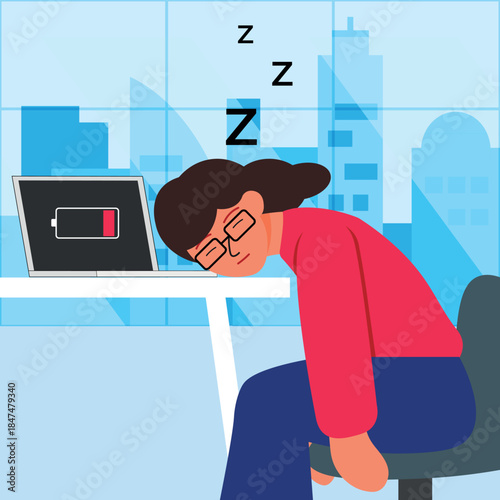 Vector illustration of a tired person sleeping at an office desk