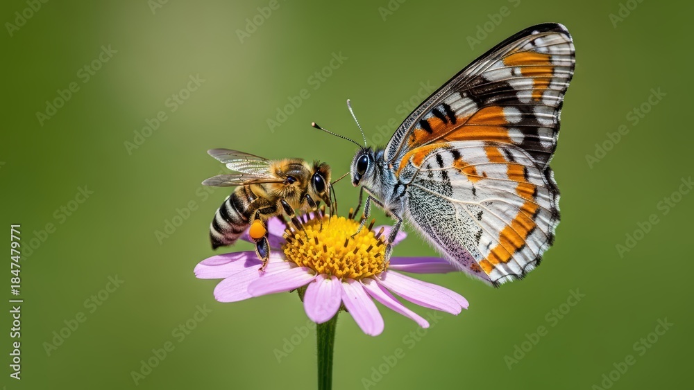 Fototapeta premium Bee and butterfly on purple flower with green background in vibrant close-up