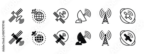 Communication Icons Depicting Satellite and Network Technology