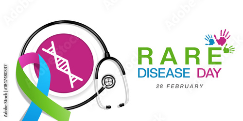 February 28 is Rare Disease Day. Ribbon, genetic and stethoscope. Great for cards, banners, posters, social media and more. White Background