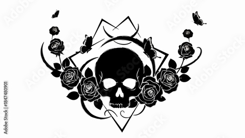 Mysterious skull adorned with dark roses and butterflies, evoking gothic beauty and transformation.