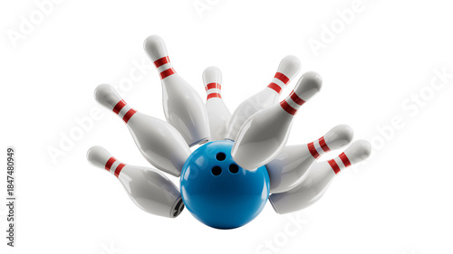 Dynamic 3d rendering of a blue bowling ball striking white pins in a dramatic high impact moment