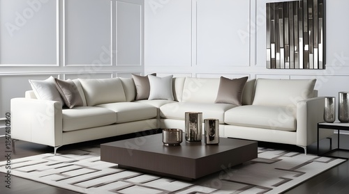 Beautiful and large living room interior with hardwood floors, fluffy rug and designer furniture. Modern mid century and minimalist interior of living room 