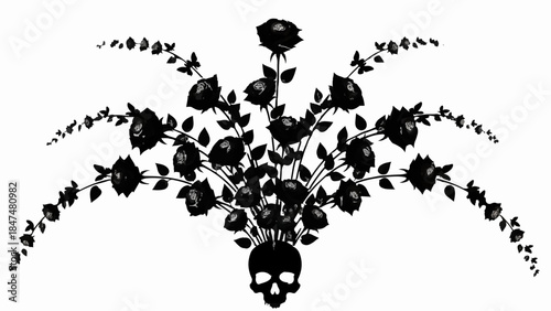 Gothic bouquet of black roses emerging from a skull, symbolizing dark romance and mortality.