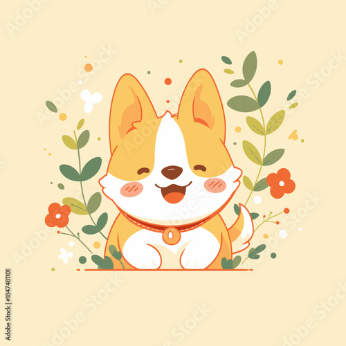 Cute Corgi Dog with Flowers and Leaves.