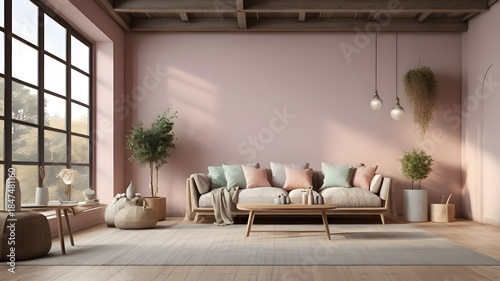 Beautiful and large living room interior with hardwood floors, fluffy rug and designer furniture. Modern mid century and minimalist interior of living room 