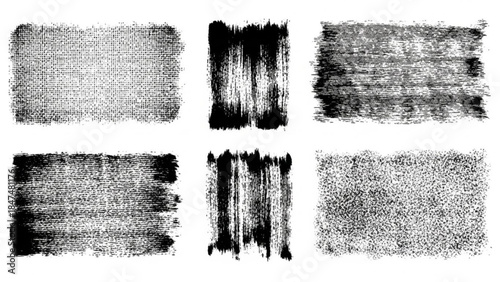 Set of six grunge texture rectangles distressed brush stroke backgrounds for graphic design isolated on white