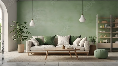 Beautiful and large living room interior with hardwood floors, fluffy rug and designer furniture. Modern mid century and minimalist interior of living room 