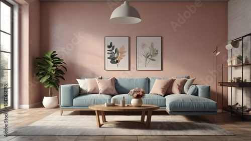 Beautiful and large living room interior with hardwood floors, fluffy rug and designer furniture. Modern mid century and minimalist interior of living room 