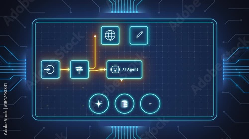 AI agent automation workflow interface with connected nodes on futuristic digital dashboard technology