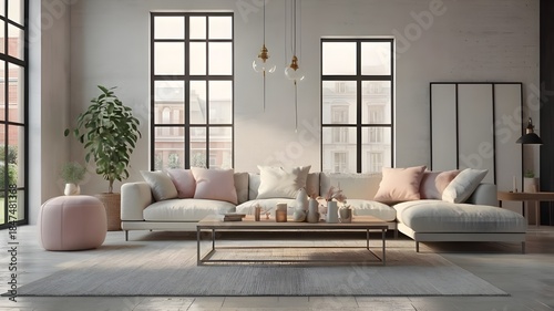 Beautiful and large living room interior with hardwood floors, fluffy rug and designer furniture. Modern mid century and minimalist interior of living room 