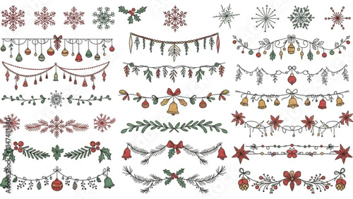 Collection of hand-drawn Christmas garlands and snowflakes festive decorative elements for holiday design isolated on whit
