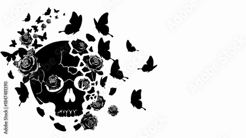 Dark artistic skull adorned with blooming roses and scattering butterflies